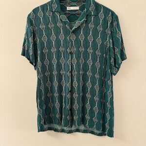 Zara Men's Short Sleeve Button-Up Shirt Geometric Print Teal Size M